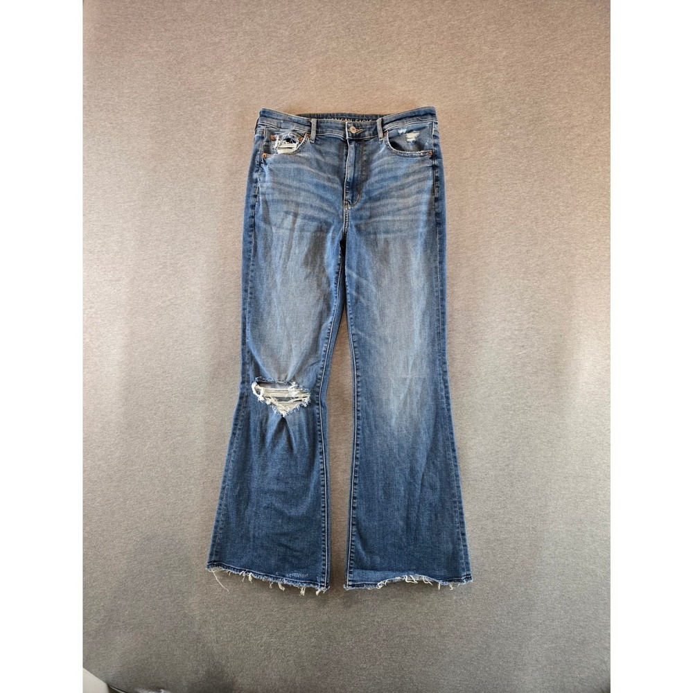 American Eagle Super Hi-Rise Flare Jeans Women 12 Long Blue Distressed Raw Hem
